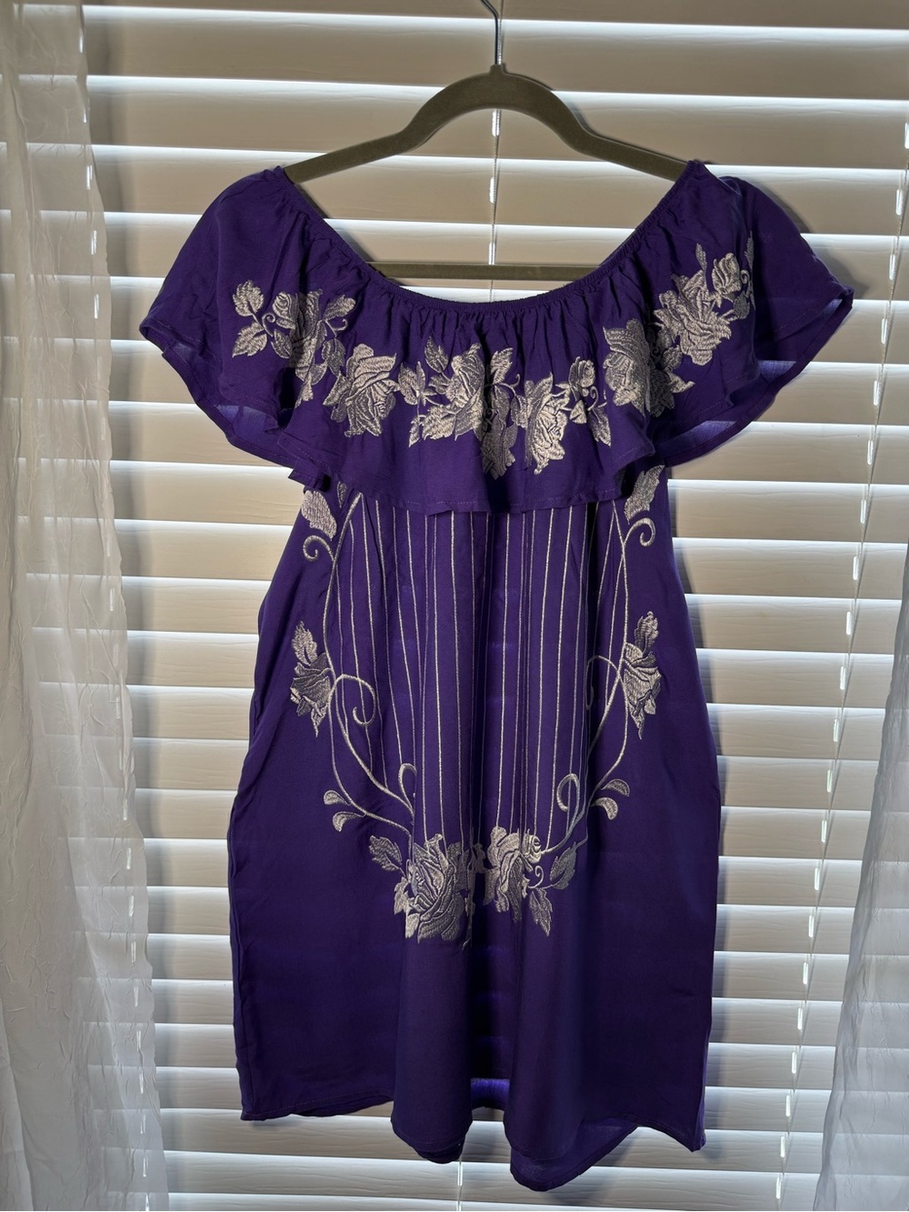 Southern Stitch Purple Embroidered Boho Off-Shoulder Peasant | Dress S💜